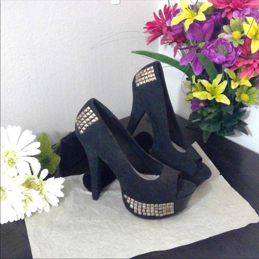 Black & Gold Studded Open Toe Heels